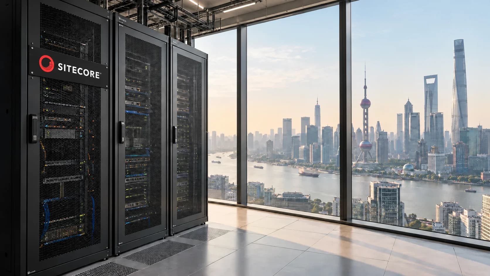 服务器机柜，柜门上有 Sitecore 标志，落地窗外是上海天际线，可见东方明珠和上海中心